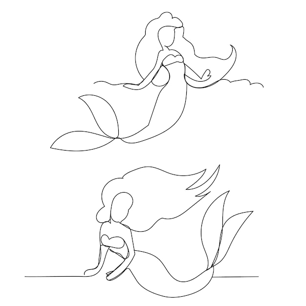 Vector single line drawing of a mermaid