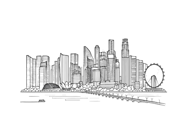 single Line drawing of Modern cityscape of Singapore city isolated on white background