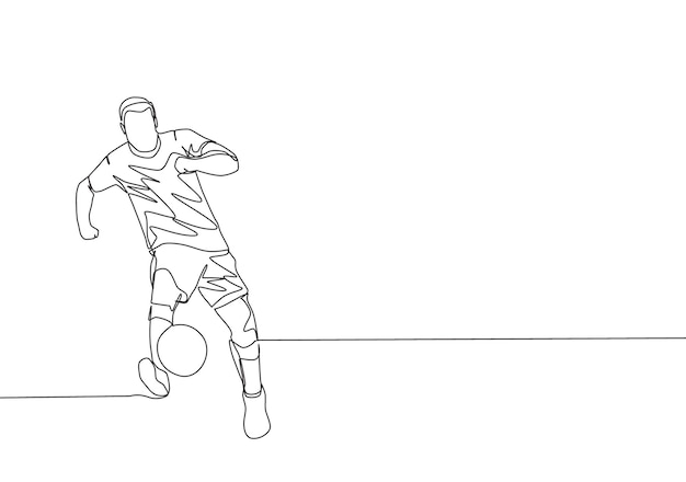 Single line drawing of young energetic soccer football player passing the ball to the teammate