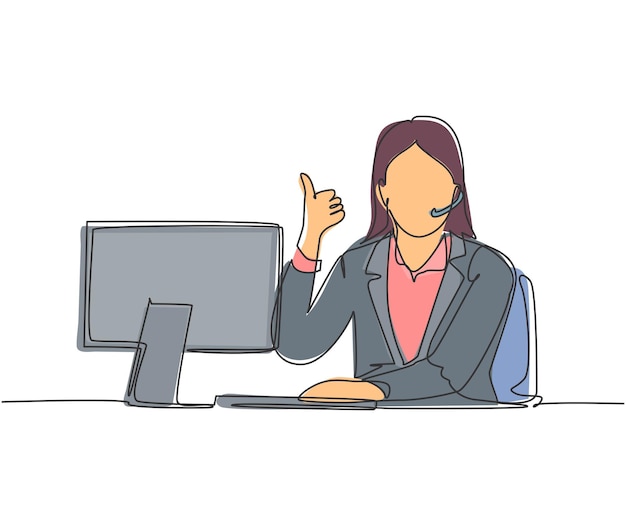 Single line drawing young female call center worker sitting in front of computer and answering phone