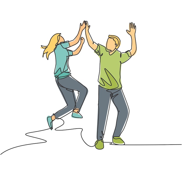 Single line drawing young happy couple male and female so happy and jumping give high five gesture