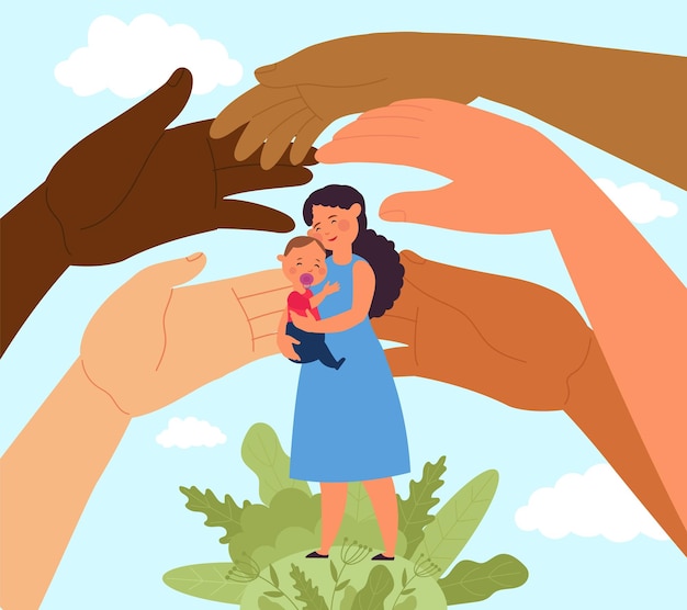 Single mother protect human security society and motherhood support and protection alone young parents giant hands caring about girl with baby decent vector scene