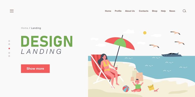 Single mother relaxing on beach with son. woman sitting on chair, child playing with ball, sand castle flat vector illustration. vacation, family concept for banner, website design or landing web page