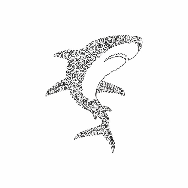 벡터 해양 포식자 추상 미술의 단일 곱슬선 그림. 위험한 야생 바다 상어 벽 장식