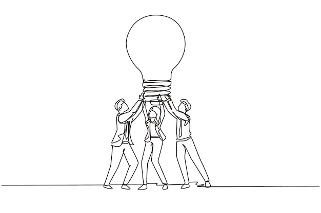 Single one line draw group people hold big lamp. . teamwork to find creative idea solution concept.