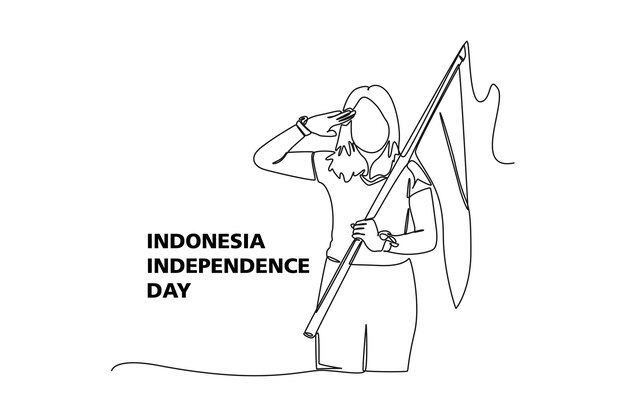 Single one line drawing 17th August Indonesia Happy Independence Day concept Continuous line draw design graphic vector illustration