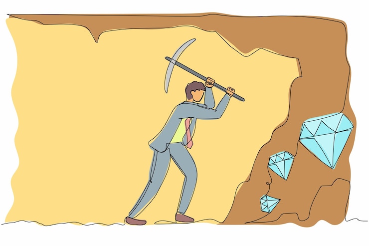 Vector single one line drawing active businessman digging with a pickaxe to get diamond workers digging