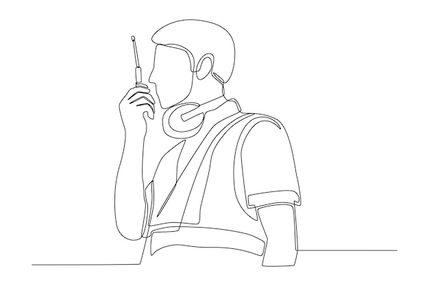 Single one line drawing Airport Ground Worker Man Communicating Over Walkie Talkie about Airspace Security at the airport Airport activity concept Continuous line draw vector illustration