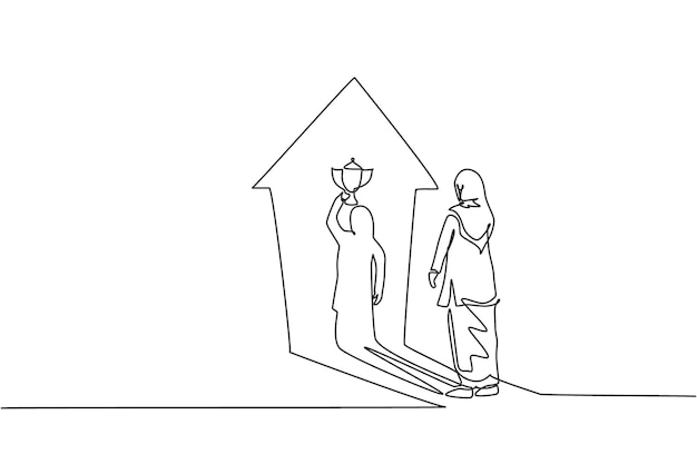 Single one line drawing of Arab business woman facing her lifting trophy shadow on the wall vector