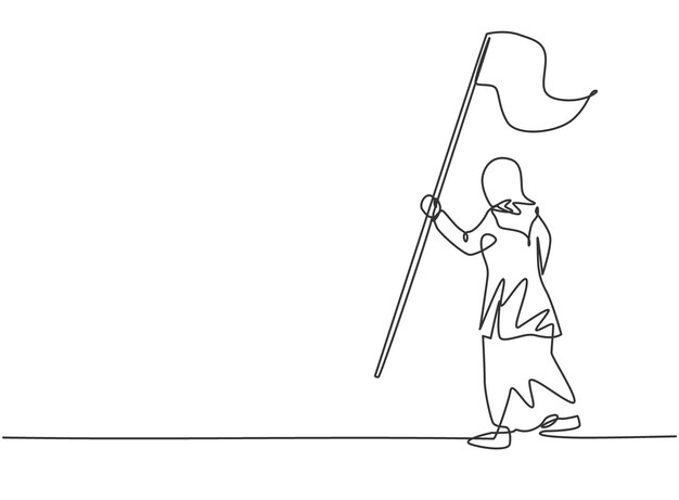 Vector single one line drawing arab business woman holding winning flag business achievement goal vector