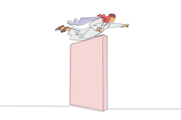 Vettore un solo disegno di un uomo d'affari arabo che vola sul muro un supereroe impiegato che vola attraverso un muro