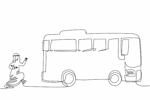 Single one line drawing Arab businessman running chasing a bus Manager running for an outgoing bus