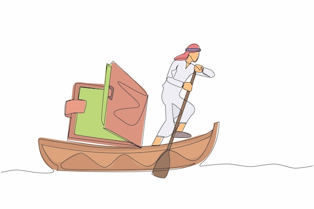 Vector single one line drawing arab businessman sailing away on a boat with a wallet lack of money vector