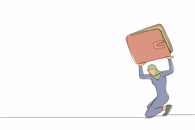 Single one line drawing Arab businesswoman carrying a heavy wallet on her back Tired office worker