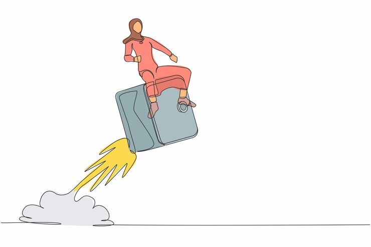 Vector 空を飛ぶ預金箱ロケットに乗ったアラブのビジネスウーマンを描いた1行の絵. お金を保管している.