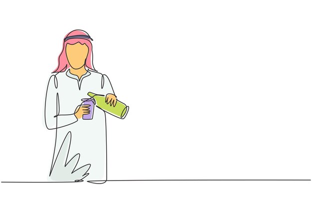 Vector single one line drawing arab male pouring orange juice into glass from bottle while having breakfast