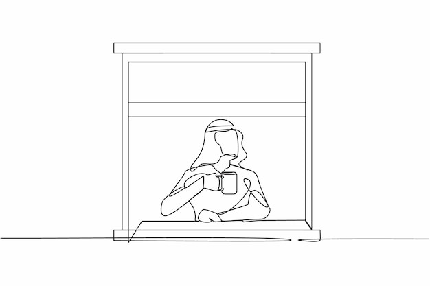 Single one line drawing Arab man enjoying hot coffee or tea in a window house Male holding mug