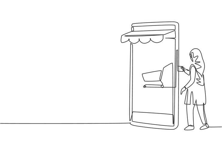 Vector single one line drawing arab woman inserting card into canopy smartphone screen with shopping cart