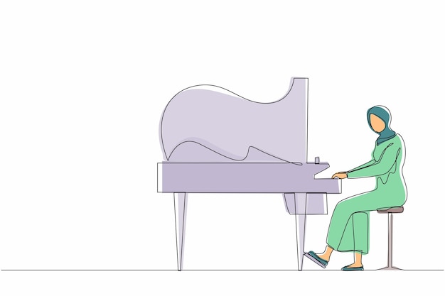 Single one line drawing Arab woman plays piano Female performer at musical instrument design vector