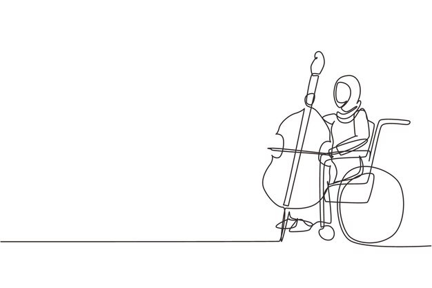 Vector single one line drawing of arab woman sitting in a wheelchair playing cello in concert design vector