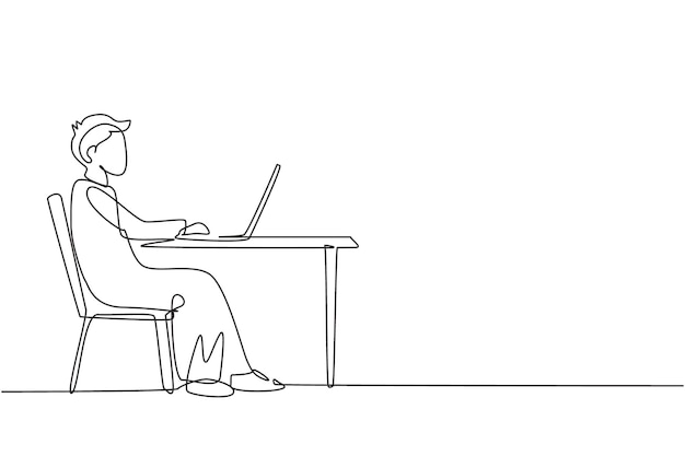 Single one line drawing Arabian boy with laptop sitting on chair Distance learning online courses