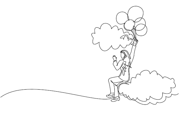 Single one line drawing Arabian businesswoman floating with balloon Woman holding balloon flying