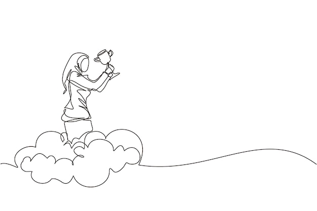 Single one line drawing Arabian businesswoman holding trophy in cloud Showing award celebrate