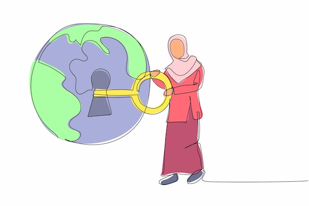 Vector single one line drawing arabian businesswoman put key into globe save the world from global warming