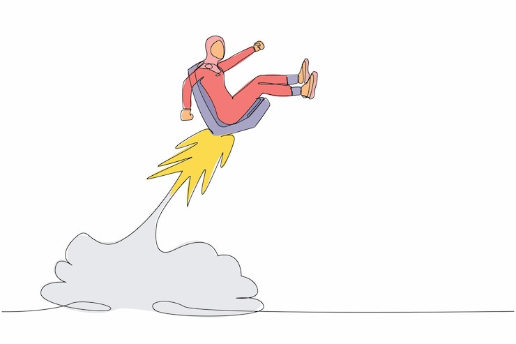 Vector アラビアのビジネスウーマンがオフィスチェアに乗って空を飛ぶロケットを描いている