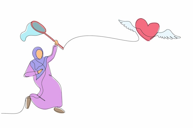 Un solo disegno di una donna d'affari araba cerca di catturare il cuore volante concetto di rottura