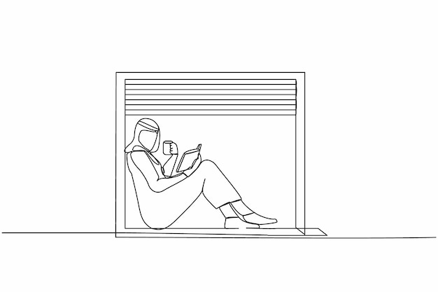 뜨거운 커피 나 차 한 잔 을 마시고 책 을 읽고 있는 창문 앞 에 있는 아랍인 의 한 줄 의 그림
