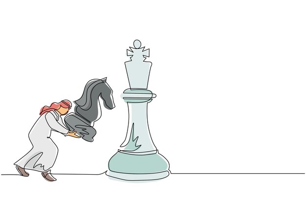 Вектор Одна линия рисунка арабский бизнесмен, держащий рыцарь шахматной фигуры, чтобы победить короля шахматный вектор