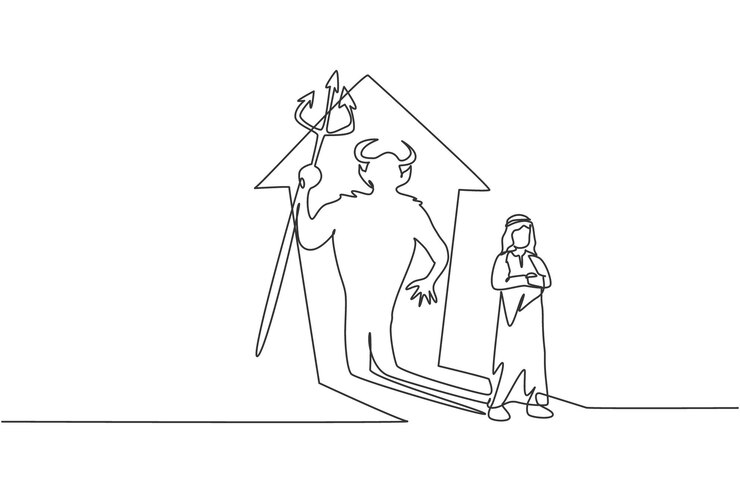 वेक्टर single one line drawing of arabic businessman standing with devil shadow behind him on wall vector