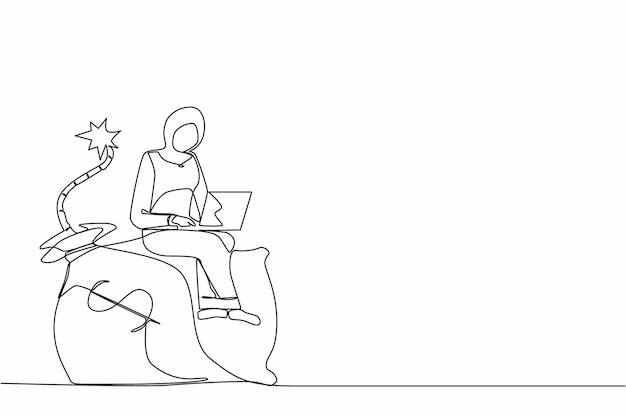 Single one line drawing Arabic businesswoman sitting on huge bomb with burning fuse and money bag