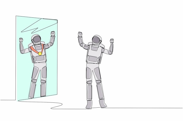 Single one line drawing astronaut looking at mirror seeing in reflection of himself with gold medal