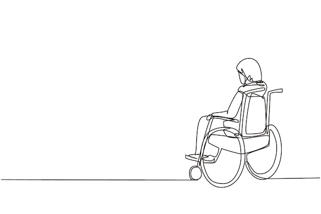 Vector single one line drawing back side of lonely old arab woman sitting on wheelchair looking at distant