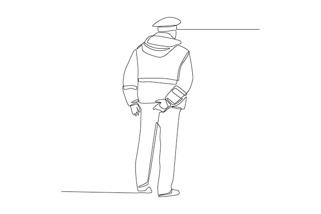 Single one line drawing back view Traffic Police standing and wearing police uniform Road and traffic concept Continuous line draw design graphic vector illustration