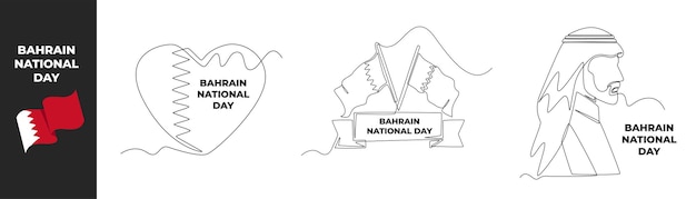 Single one line drawing Bahrain national day set concept Love icon Bahrain flag and Arab man in celebration Bahrain national day Continuous line draw design graphic vector illustration