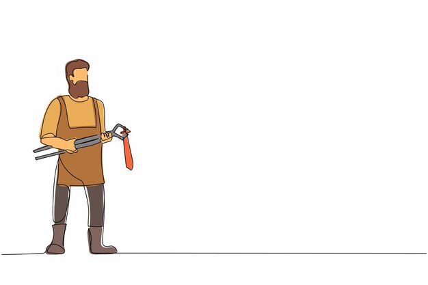 Vector single one line drawing bearded blacksmith wearing an apron standing holding a hot blade forged