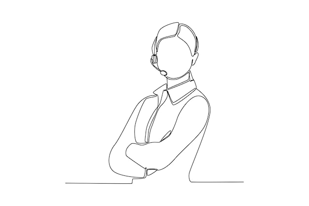 Single one line drawing beautiful woman customer service representative in headset holding her arms crossed Customer service concept Continuous line draw design graphic vector illustration