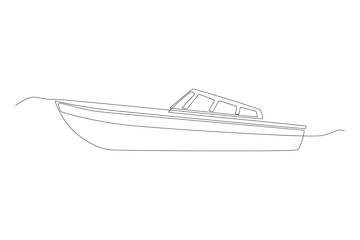 Single one line drawing motor boat or small boat with outboard motor. Sea  or river ship, flat icon. Sea and river vehicles. Water transport.  Continuous line draw design graphic vector illustration 23470107