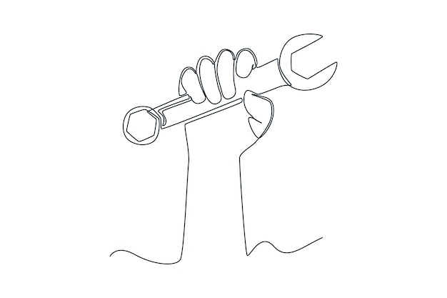 Мальчик, рисующий одну линию, держащий гаечный ключ Концепция автосервиса Непрерывный рисунок линии дизайн графической векторной иллюстрации
