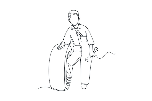 Single one line drawing boy mechanic standing beside car tire Auto service concept Continuous line draw design graphic vector illustration