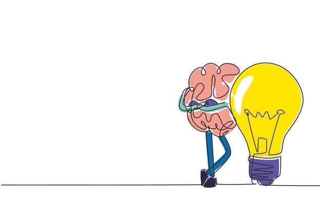 Вектор Одна линия рисует мозг, опирающийся на лампочку символ новой идеи, которая пришла в голову вектор