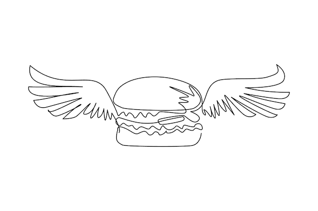 Vector single one line drawing burger with wings icon flat doodle hand drawn isolated fast food creative