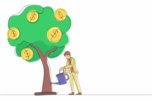 Single one line drawing business investment with money tree illustration Man watering tree coins