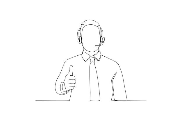 Single one line drawing businessman or helpline operator in headset showing thumbs up Customer service concept Continuous line draw design graphic vector illustration