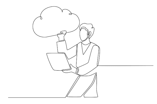 Single one line drawing businessman holding laptop and rising cloud in his hands Working big data concept Continuous line draw design graphic vector illustration