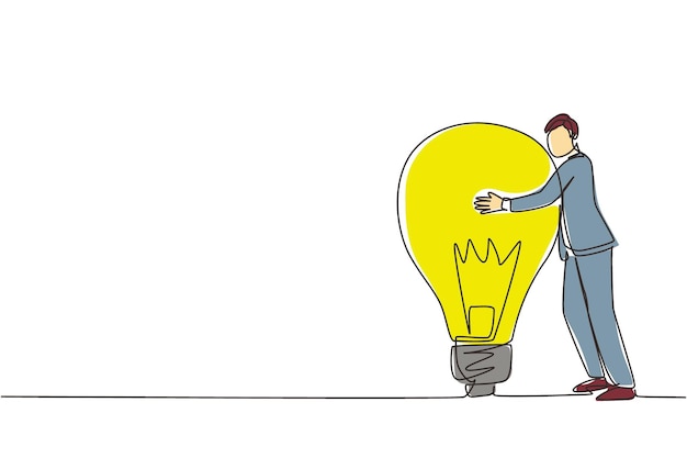 Single one line drawing businessman hugs big lightbulb Male with a light bulb Concept of business