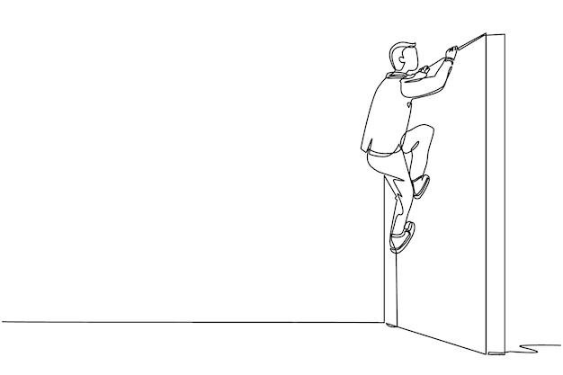 single one line drawing businessman jumps over wall outside comfort zone to get new experience